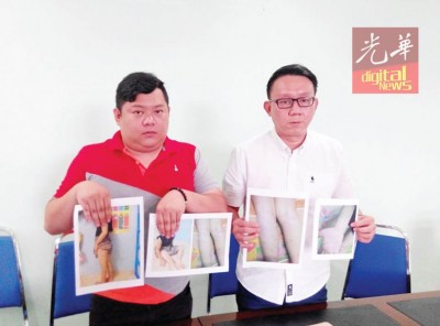 方朝彬(左)在林道祥陪同下召开记者会,申述女儿遭安亲班教师鞭打至手掌、腿部都出现瘀伤。