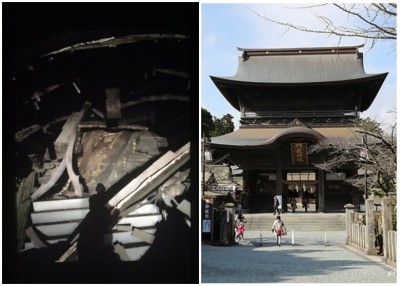 阿苏神社因抵受不住而崩塌(左图),右图为神社原貌。