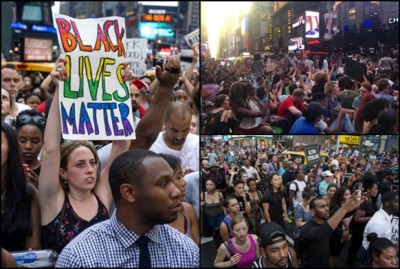纽约有示威者高举“Black Lives Matter”(黑人性命重要)的标语(左图)。