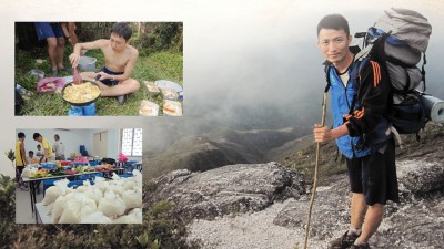 投入登山野营活动多年,大汉山是陈国豪最常攀登的山岳。登山野营前的炊事准备功夫繁重。用炒锅烹调汉堡包内馅,饱腹又美味。