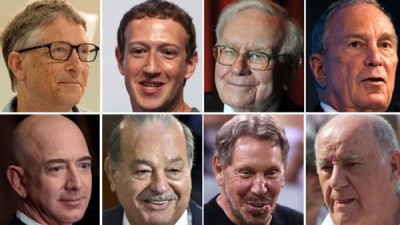 上图,左至右:比尔盖茨、朱克伯格、巴菲特和彭博。 下图,左至右:贝佐斯、斯林姆、埃里森和奥尔特加。