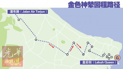 金神辇回程路线:瀑布路、哥德路、东姑阿都拉曼路、广东民路、中路、 安顺路、车水路、调和路、琼花路、槟榔路、 新街、 新街头、椰脚街、牛干冬、 皇后街。