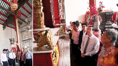 (左图)陆汉华(右2)向曹观友(左起)、洪敏芝及林冠英等人讲解关于五福书院所面对的建筑失修问题。 (右图)林冠英(右2起)在洪敏芝及黄汉伟等人的陪同下,走访位于牛干冬的五福书院。
