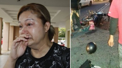 黎美清:父母已坦然接受国才离世的事实。(右)死者的摩托车与一辆迈薇轿车相撞后,毁坏不堪。