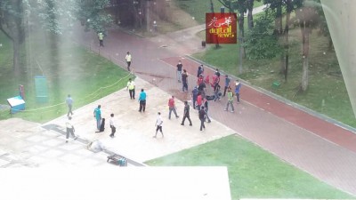 警方人员乔装成示威暴民在公园燃烧爆竹捣乱。