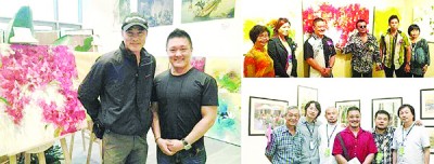 翰翚于2011年在中国海南岛办个人画展,左图为艺人任达华到场参观时与他合影。
