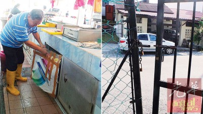 (左)档口的柜子门了多年无修,赖汉钦就以纸皮等代表。(右)巴刹其中一扇门已力不从心完好上锁。
