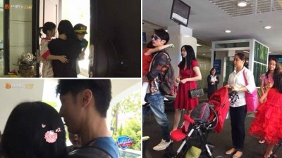 (左)吴尊kiss goodbye老婆。(右)吴尊曾被拍到全家出国度假,老婆正脸被赞爆。