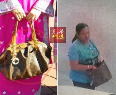 店主平常出门时,都随身带著名贵手提袋。(右)"就在这里,印妇卷走拿督胞姐名贵手提袋。"