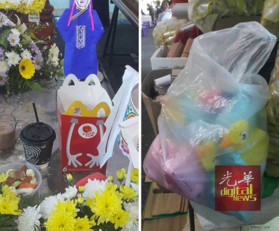 (左)亲属今日准备了麦当劳儿童快乐套餐(Happy Meal)包括汉堡、热饮及玩具给2名小死者,让殷春和佳盈“用餐”。(右)小死者林殷春和林佳盈生前都喜欢游泳,家人准备了兄妹生前使用过游泳配备包括可爱鸭子图案浮板、粉红色手臂浮圈及水枪,并会一同火化。