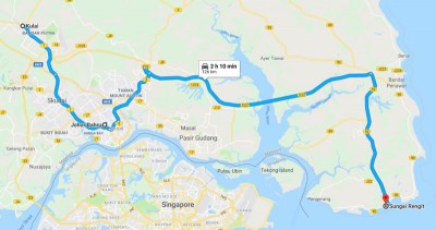 事主原想从古来返回新加坡,却被全球定位系统指引至距离新山市区约95公里的泗湾岛(红色标记处)。