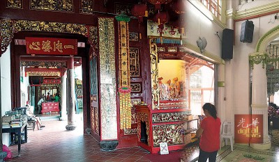 (左图)观音亭大殿设有闭路电视(左上角处)。(右图)槟城佛学院大厅前后殿设有闭路电视(围处)。