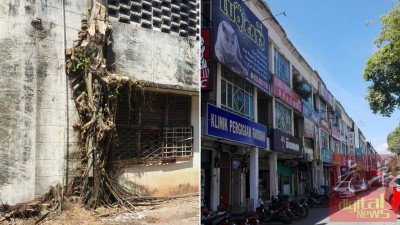 (左)商店后的这棵树干,可能是被窃贼用以爬上屋顶的“工具”。(右)米都太子路过港商业区宵小偷窃情况存在已久,惟近来爆窃事件日渐猖狂,单单在今年1月份,已 发生至少7宗破门行窃案。