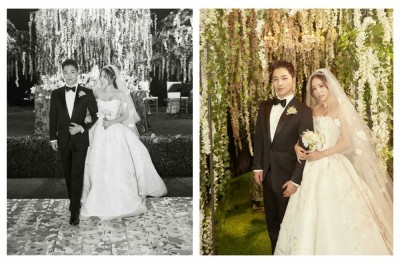 经纪公司公开太阳与闵孝琳(右)的婚宴照,闵孝琳甜蜜凝望太阳。(右图)太阳与闵孝琳在仁川Paradise City举行婚宴及结婚派对。