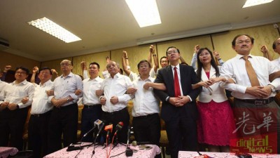 刘镇东(前排左起)、曹观友、方贵伦、倪可敏、林吉祥、陈国伟、林冠英、郭素沁、黄天发等行动党各州领袖力挺林冠英。