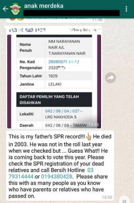一名后人在查询父亲的名字后，惊觉已逝世15年的父亲名字“重现”选民册。