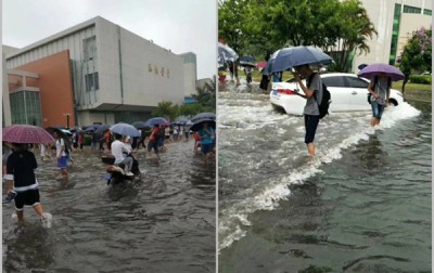 海南多地以雨造成路面水浸的情。