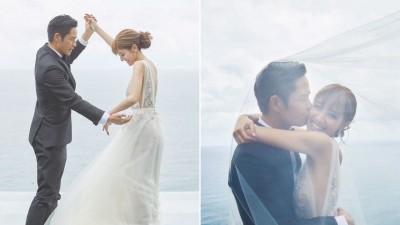郑嘉颖和陈凯琳分享婚纱照。