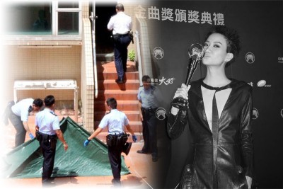 (右)歌手卢凯彤跑马地豪宅堕楼亡。(左)死者遗体由帐篷遮盖,警员在现场调查。