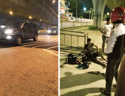 (左)出于夜间天色昏暗再增长没有涂上反光油漆,车子会比难以看见减速礅。(右)周五后同名摩托车骑士相信看不干净减速礅而翻倒受伤。