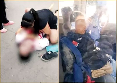 白衣男子躺在地上(左图),疑犯(右图)被捕。