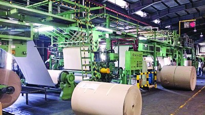 工厂正进行纸箱制作，褐色大型纸卷拥有约700公斤到1.5吨的重量，三个纸卷可制成一个纸板。