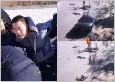 疑凶韩某(左图)驱车撞倒学生后,吃警官制服。