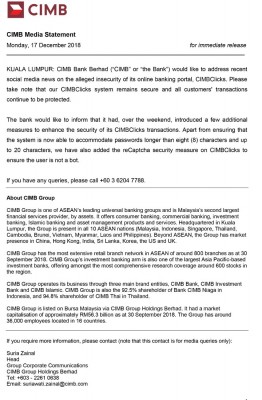 联昌银行(CIMB)周一澄清其转账系统仍安全,用户转账交易也受到保障。