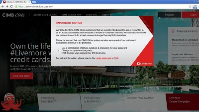 CIMB Clicks转账系统登录网页上强调新增的reCaptcha安全措施旨在确保用户保障。