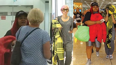 大妈（蓝衣者）因被拒绝合照，当面狠酸Cardi B，红发工作人员回骂了该名大妈。