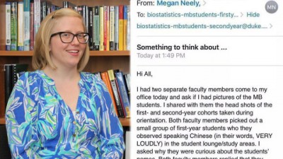 尼利(左)发电邮警告留学生不要在教学大楼内说中文。