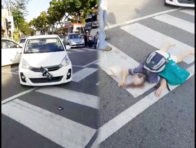 (左)轿车撞倒老妇后,挡风镜也爆裂。(右)死者被车撞导致头破血流,躺在血泊中。