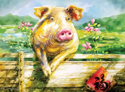 画家周吉祥以粗、细兼备的舒畅笔法，把“旺猪”画得栩栩如生。
