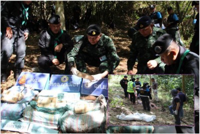 警方在伏诛毒贩的4个背包里起获大批疯药丸。右下角小图为被击毙的毒贩遗体。