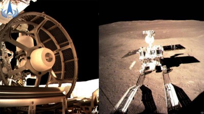 着陆器上的监视相机，拍到玉兔二号在月背留下的第一道痕迹。