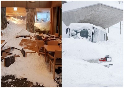 雪崩涌入酒店餐厅（左图），掩埋停车场的车辆（右图）。