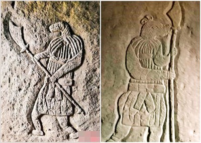 墓内发现的蛇首人身像（左图）及鼠首人身像（右图）是贵州首次发现。