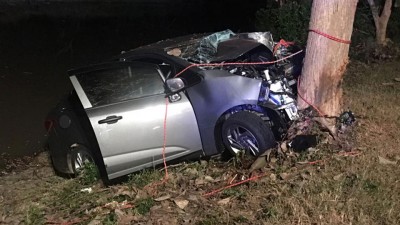 轿车凌晨失控猛撞路旁大树,车内的两人死亡,两人受伤。