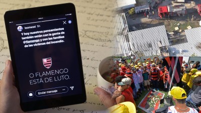 梅西对弗拉门戈基地失火悲剧在社交媒体上的哀悼文。（上）消防员扑灭火势后视察现场。（下）弗拉门戈队粉丝们在球会训练基地大门前聚集献花表示哀悼。