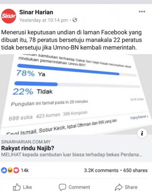 阳光日报（SINAR HARIAN）就此现象，在脸书开设投票专区，让网民针对“是否想念纳吉执政的年代”课题投票，其中78%网民赞同纳吉重回国阵巫统纳吉执政的年代，而仅仅22%网民表示不同意。