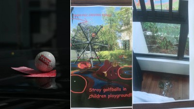 高尔夫球砸到车顶,养坑洞。高尔夫球多次掉入游乐场,大人不放心吃孩子交游乐场玩乐。高尔夫球击碎玻璃。