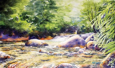 涧系列：山水流经河溪。