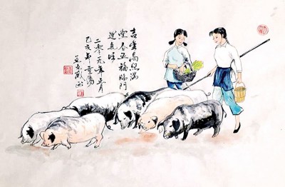 王文威只用了1个小时时间，完成了“赶猪进城”作品。