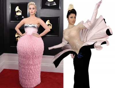 （左）凯蒂佩芮（Katy Perry）粉色造型礼服符合她古灵精怪的风格。（右）饶舌女歌手卡蒂B。