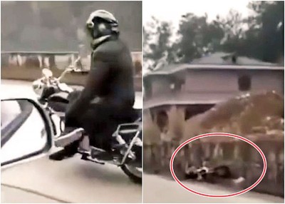 周男跷起二郎腿骑电单车，讵料座驾（红圈示）在转弯时失事。