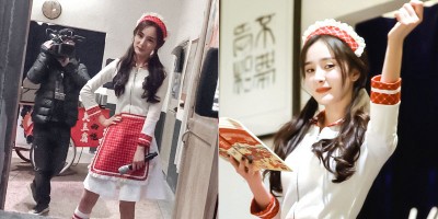 杨幂录制节目绑双马尾、穿女仆装卖萌。