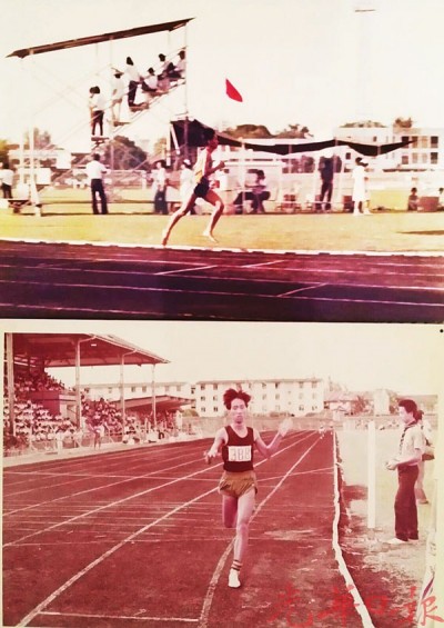 胡栋强在中学时代曾是长跑健将。图为他在跑道上的英姿。