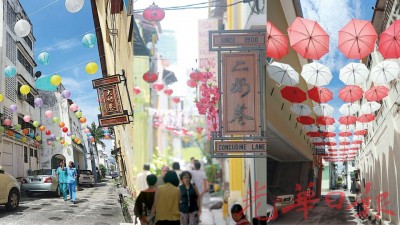 (左起)寂寂无名的“大奶巷”最近已挂上中文路牌。充满历史忋忆的“二奶巷”,只是一条狭窄的巷子。“三奶巷”因餐饮店以红伞高挂打造夺目的伞阵开始引人注目。