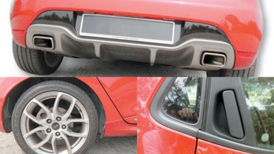 （上）双排气管就已说明它的性能动力。（左）低身轮胎和扎实悬挂，让它在路上可以挥霍实力。（右）藏在C柱的后门门把。