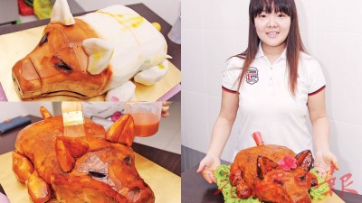 “燕菜糕达人”梁宝娟和惟妙惟肖的“燕菜金猪”。